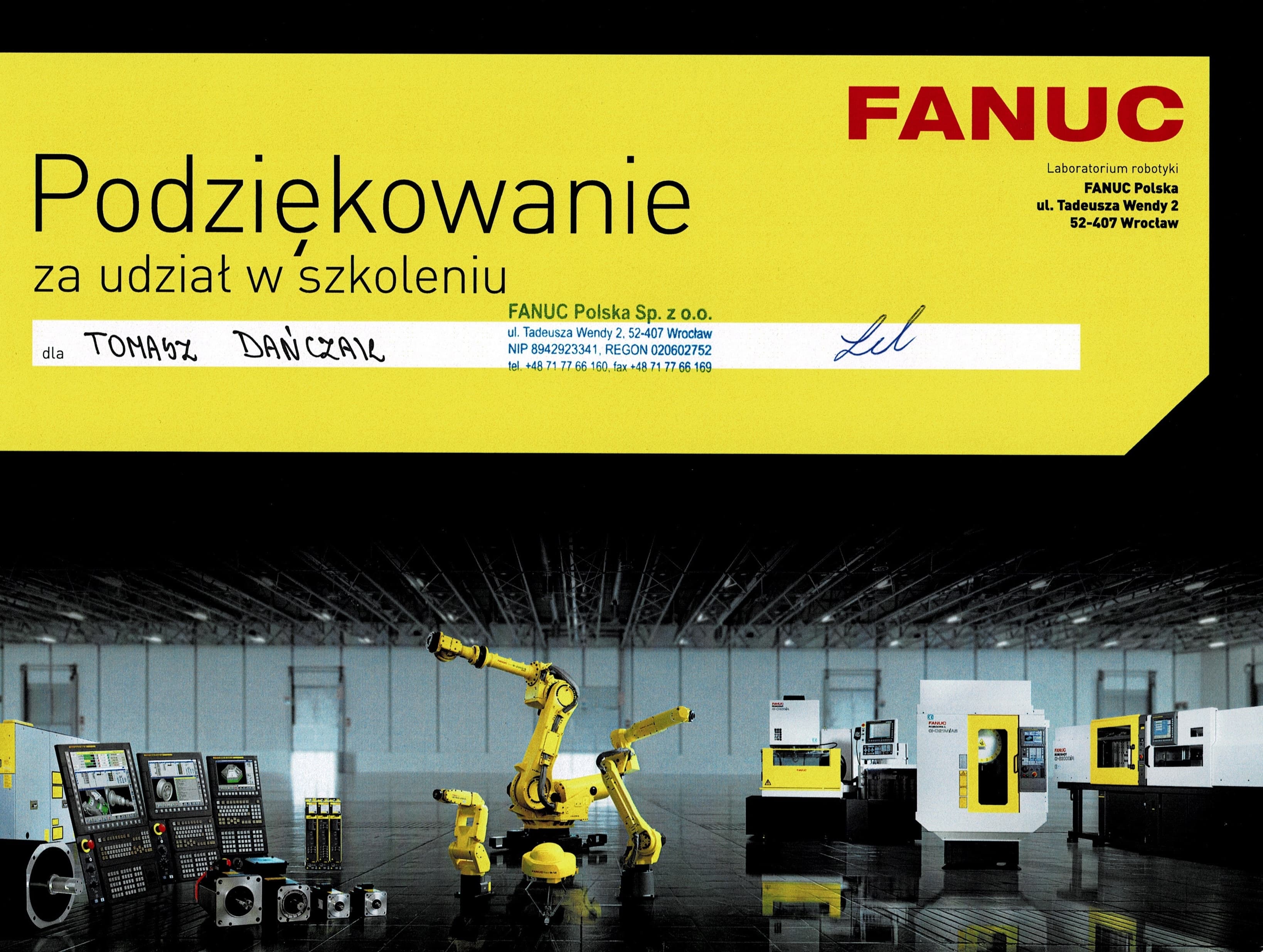 FANUC Polska - Podziękowanie za udział w szkoleniu